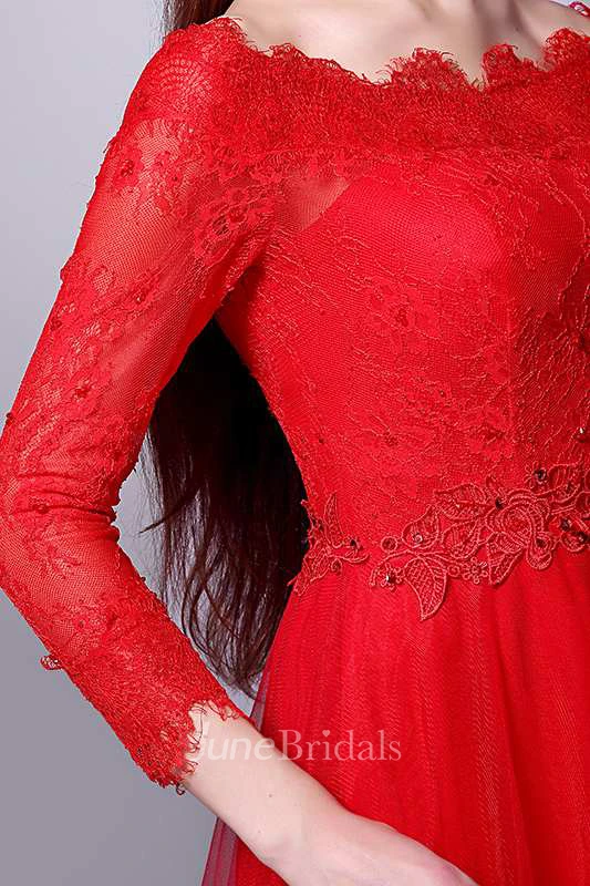 Scalloped Neck Long Lace Sleeve A-line Tulle Gown