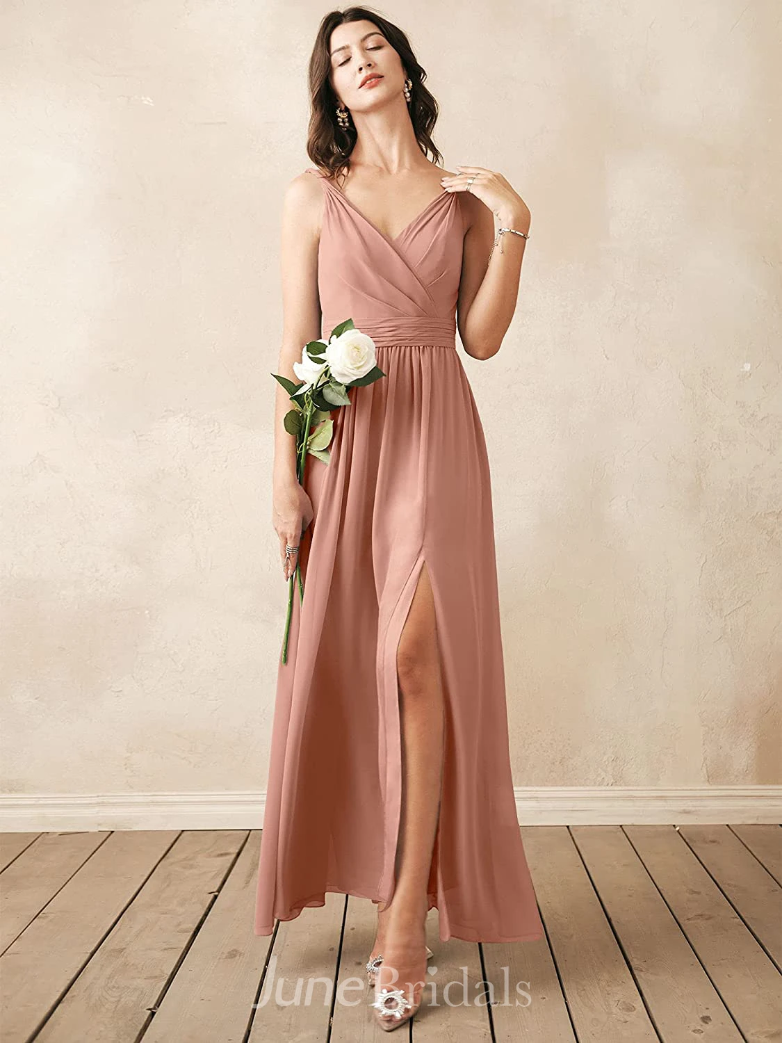 Modern A Line V-neck Chiffon Sleeveless Bridesmaid Dress with Split