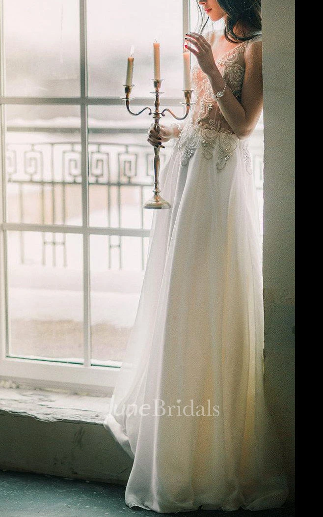 Elegant Cap-Sleeve V-Neck Dress With Beading Illusion