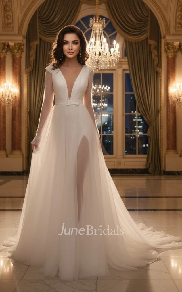 A Line Long Sleeve Tulle Wedding Dress Plunging V-Neck Train Gown with Slit & Sash