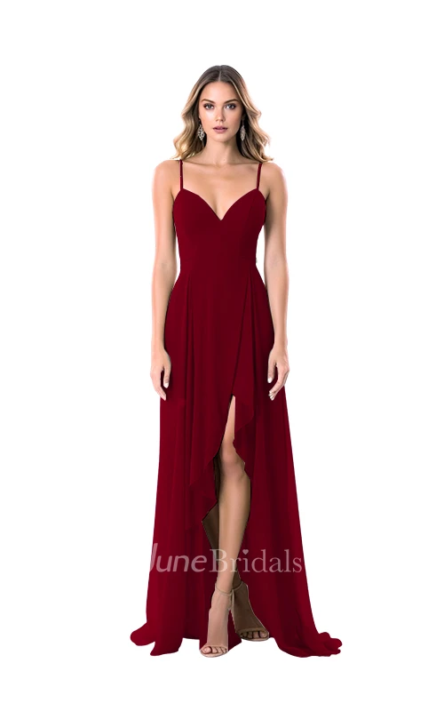 Modern A-Line Chiffon Spaghetti V-neck Bridesmaid Dress with Split Front