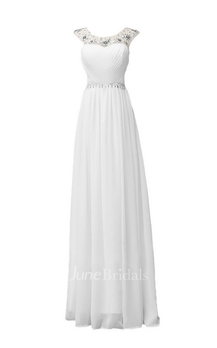 Sleeveless Long Ruffled Chiffon Dress With Beaded Neck