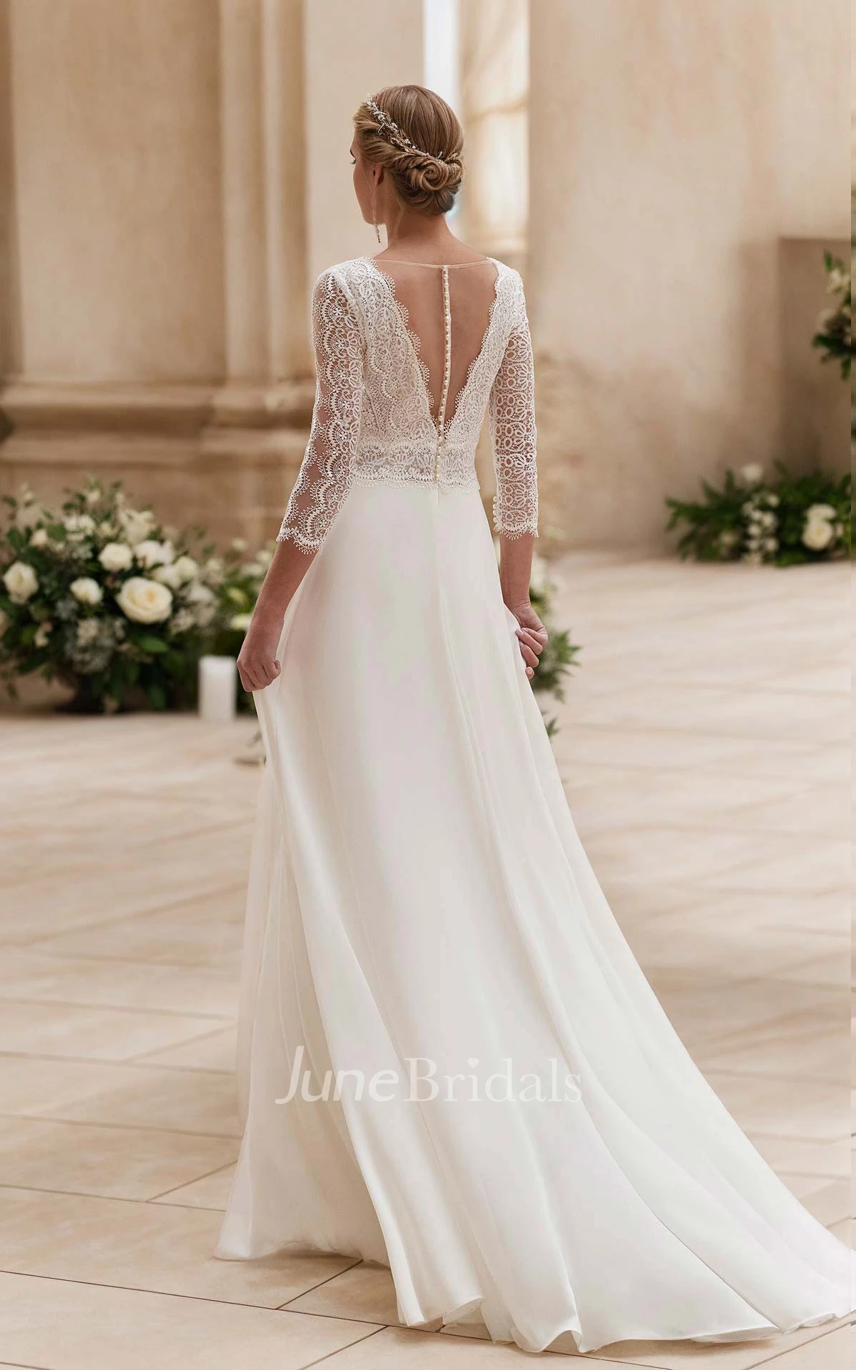 Modern 3/4 Sleeve Lace Wedding Jumpsuit Elopement Civil Chiffon Pantsuit