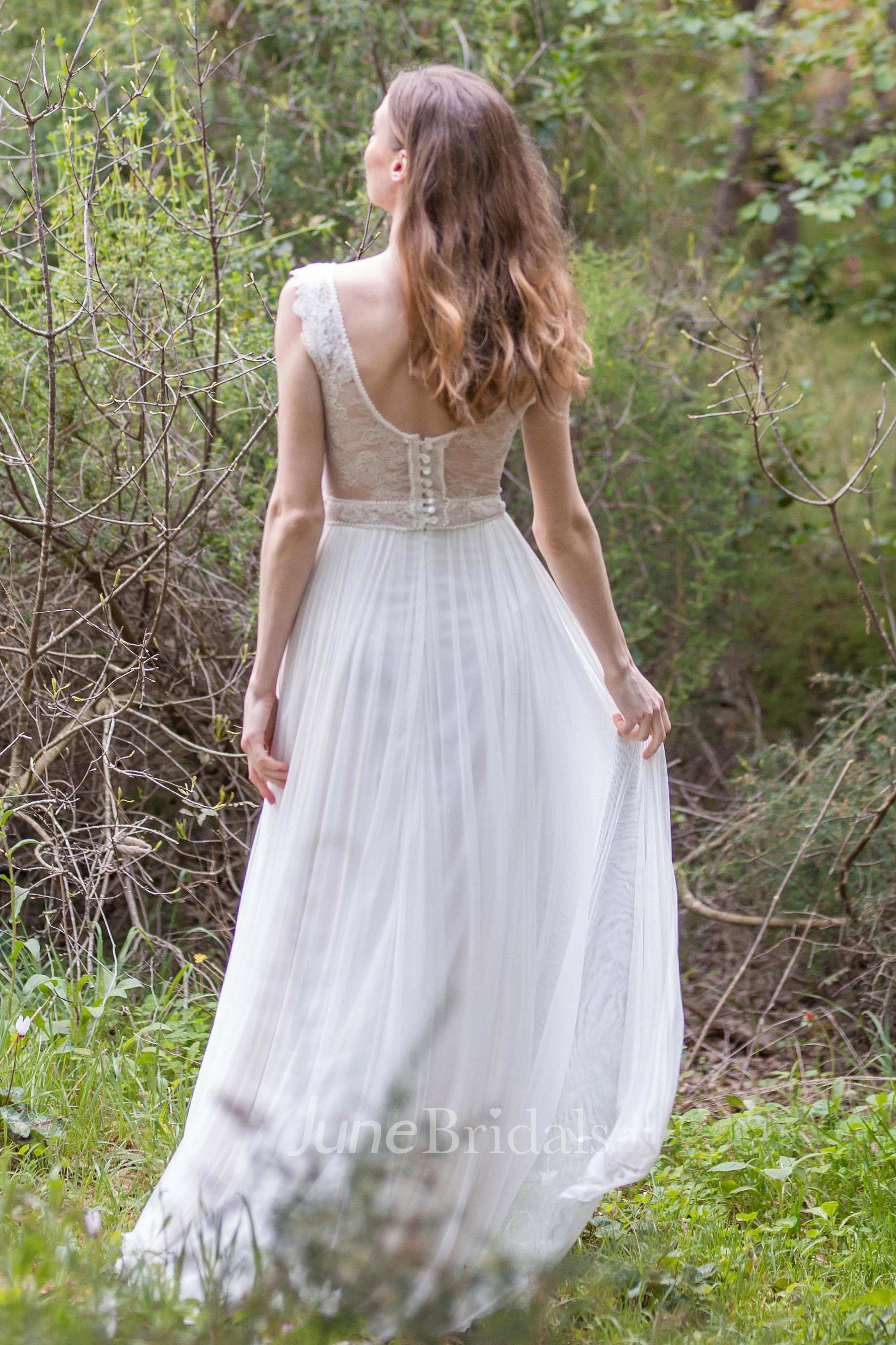 Plunged Sleeveless Pleated Wedding Dress With Lace And Low-V Back