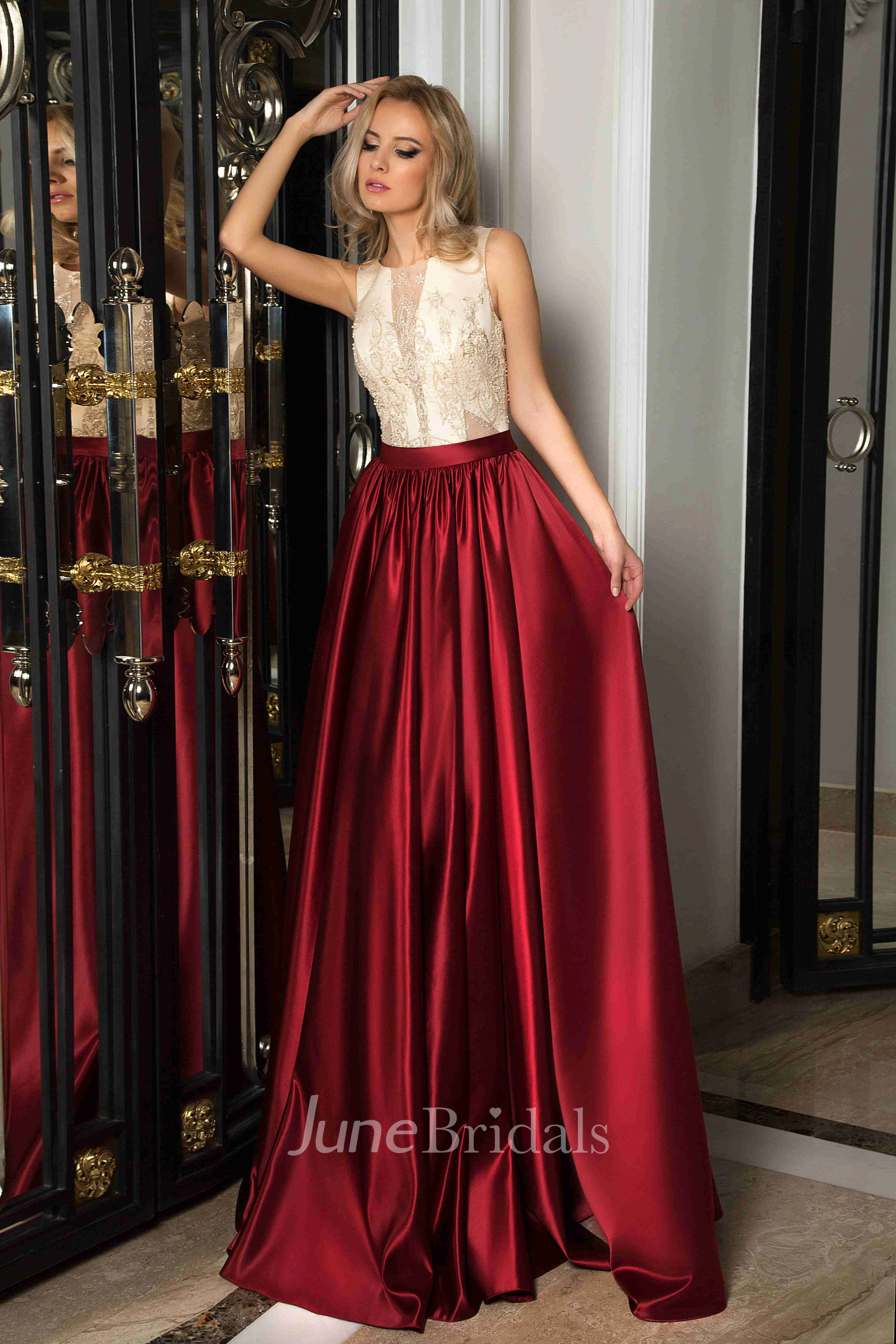 A-Line Lace Sleeveless Scoop Long Satin Prom Dress With Illusion Back And Beading