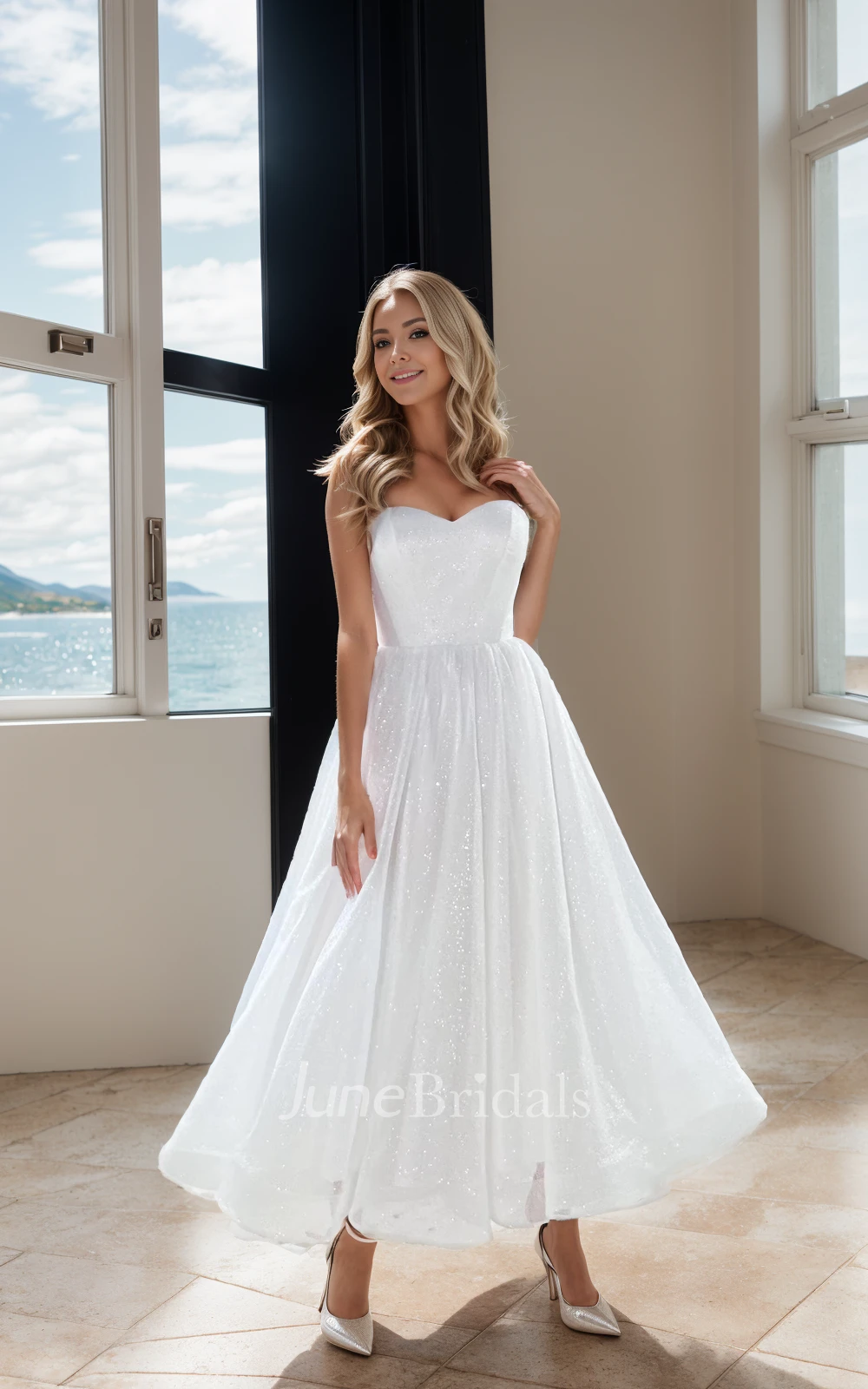 Modern Simple A-Line Sparkly Midi Wedding Dress Spaghetti Corset Back Ankle Length Gown