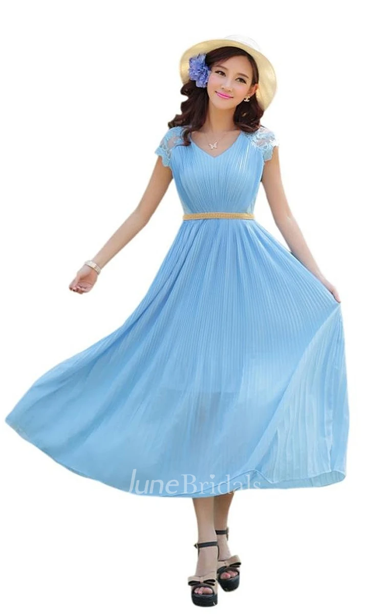 V-neck A-line Chiffon Dress With Lace Sleeve