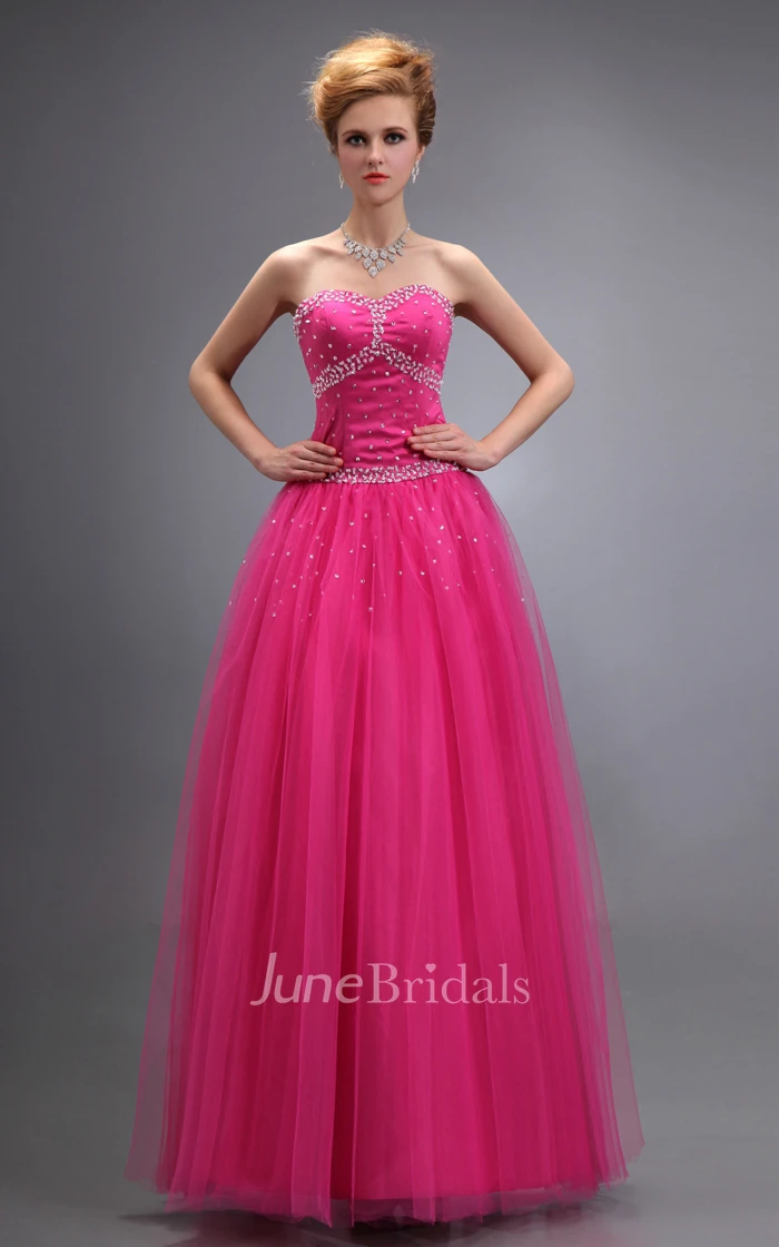 Glam Tulle Long Dress With Crystal Detailings And Lace-Up Back