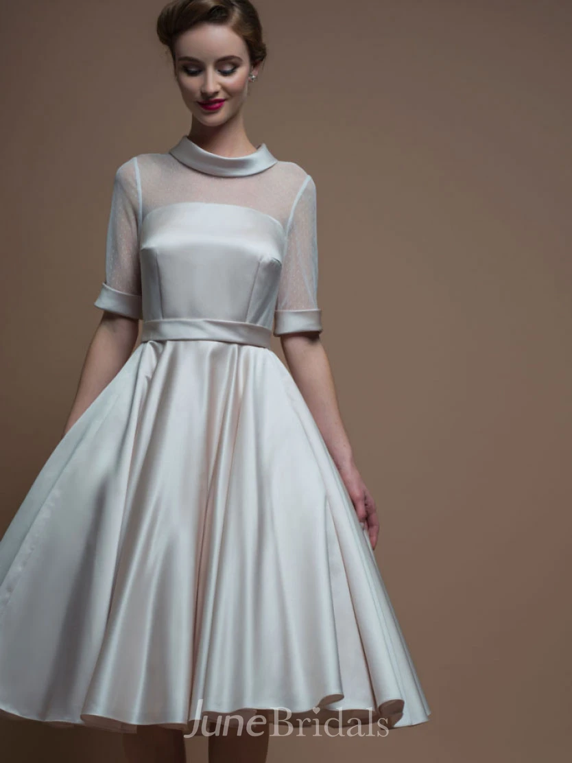 A-Line Tea-Length High Neck Sleeveless Satin Wedding Dress With Illusion