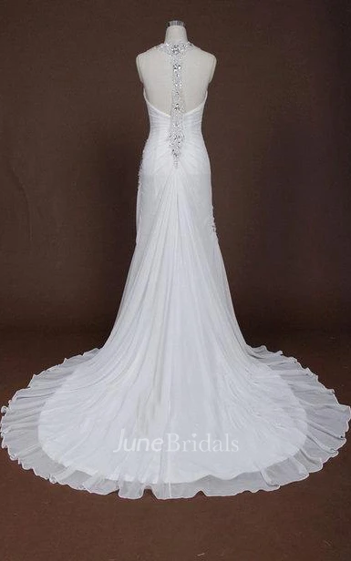 Strapped Bell Sleeve Chiffon Weddig Dress With Beading