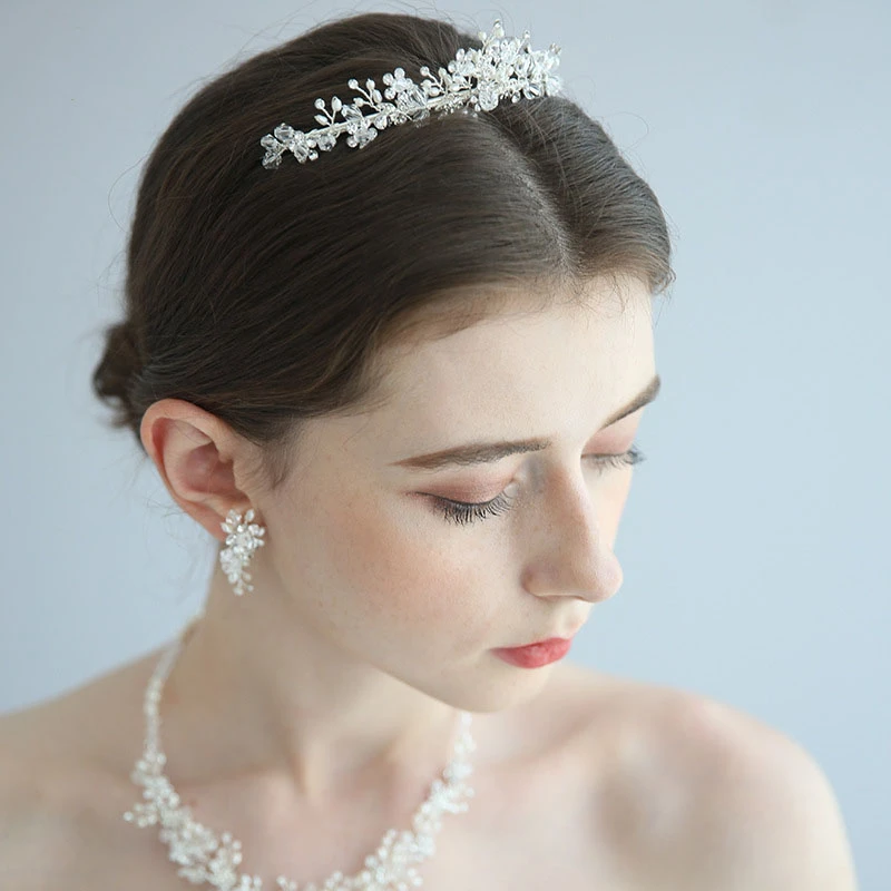 Elegant Silver Bridal Rhinestone Pearl Necklace and Earrings and Crown