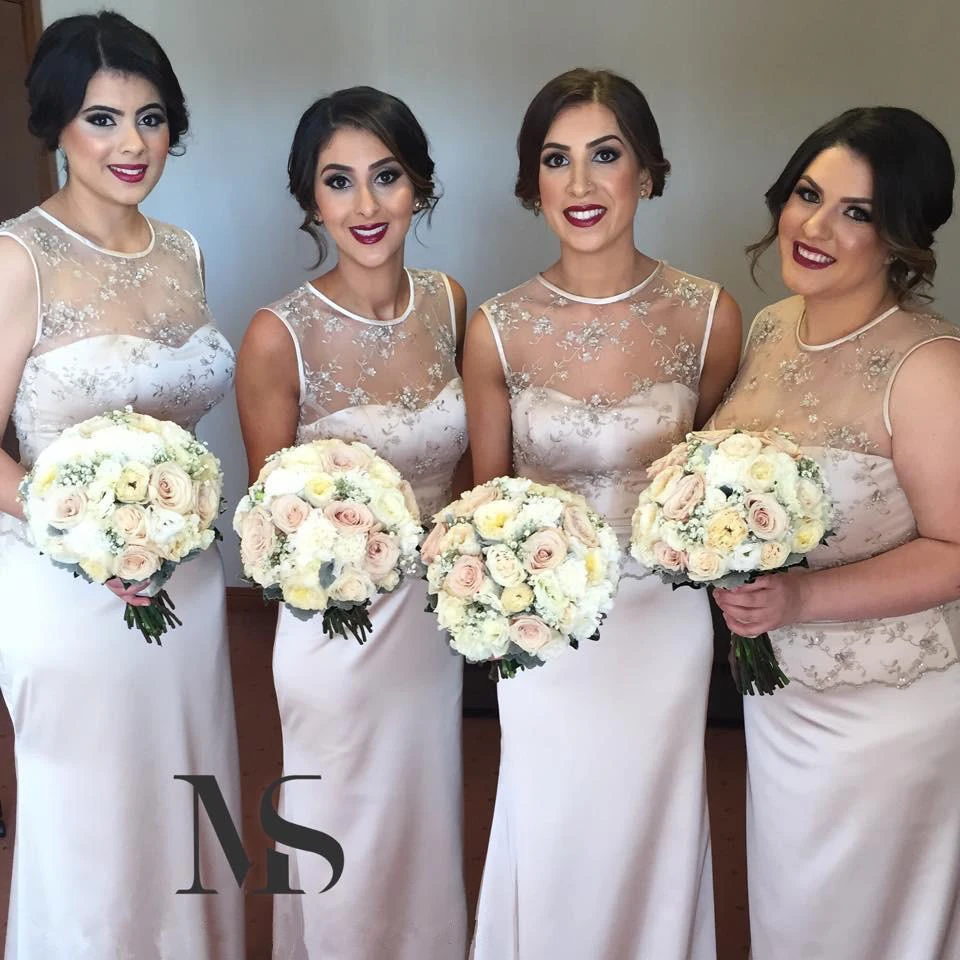 Delicate Illusion Appliques Bridesmaid Dress Sleeveless Sweep Train