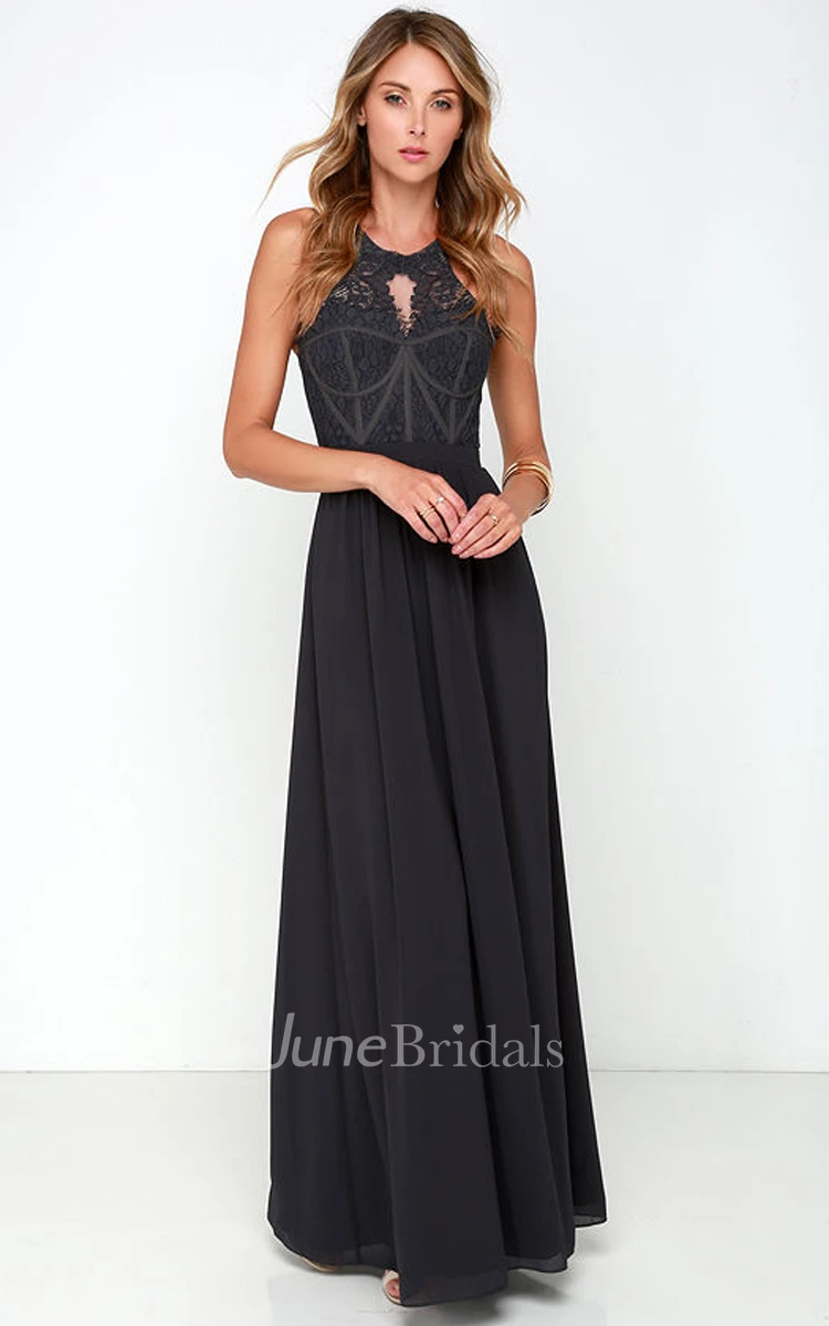 Sleeveless Chiffon Long Noble Dress With Lace Bodice