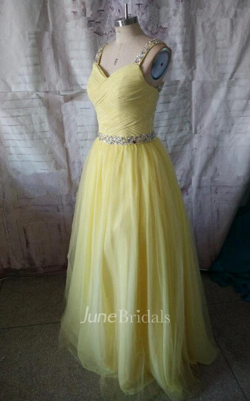 Floor-length A-line Criss Cross Tulle Dress With Beaded Waistline