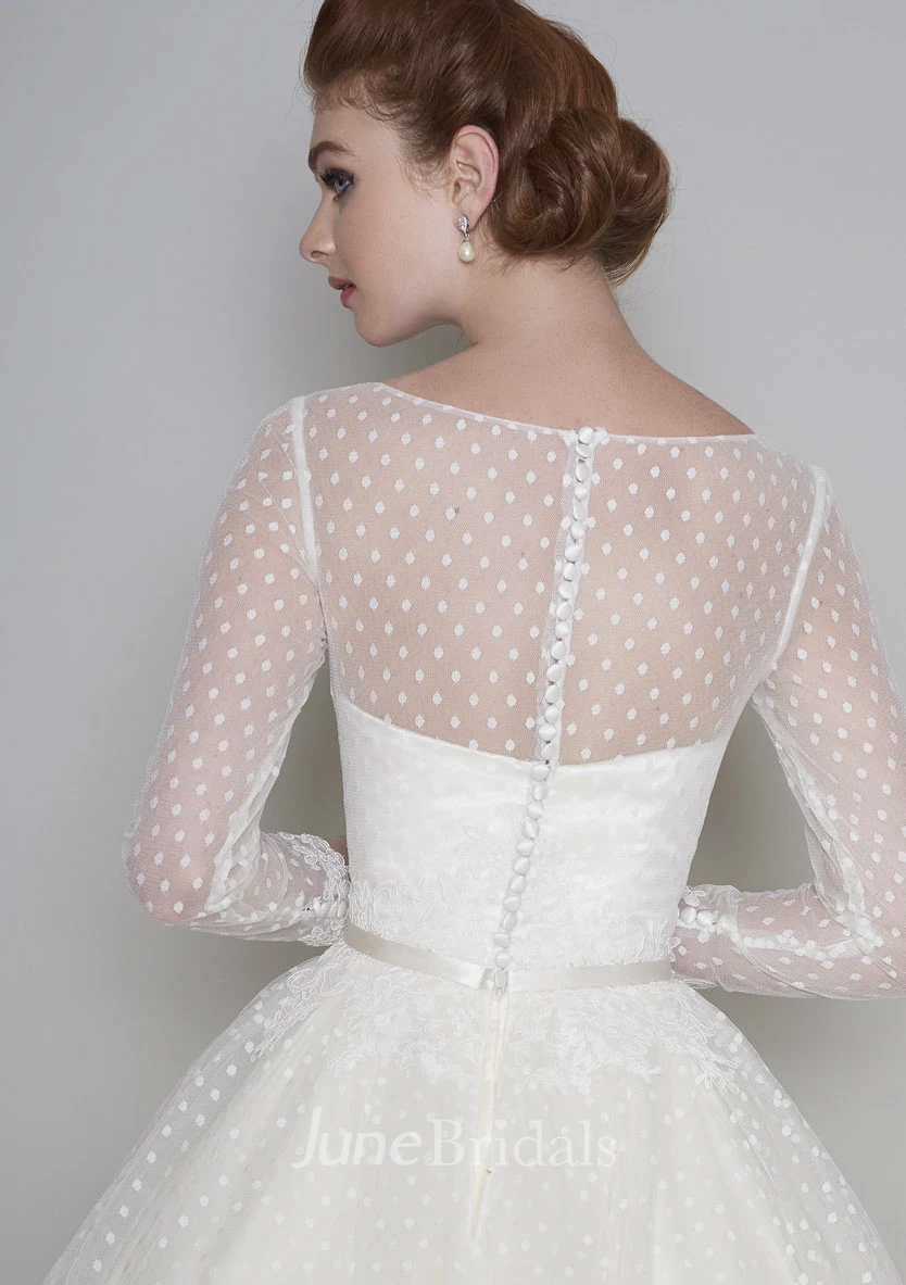 Long Sleeve Vintage Illusion Bateau Sweetheart Tulle Tea Length Warm Wedding Dress
