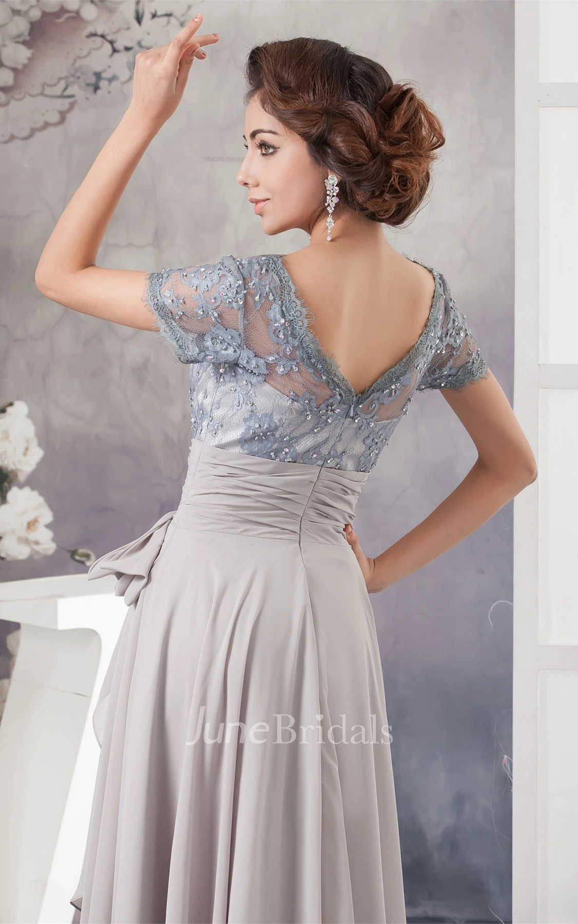 Chiffon Pleated Gown with Bow and Illusion Caped Sleeve