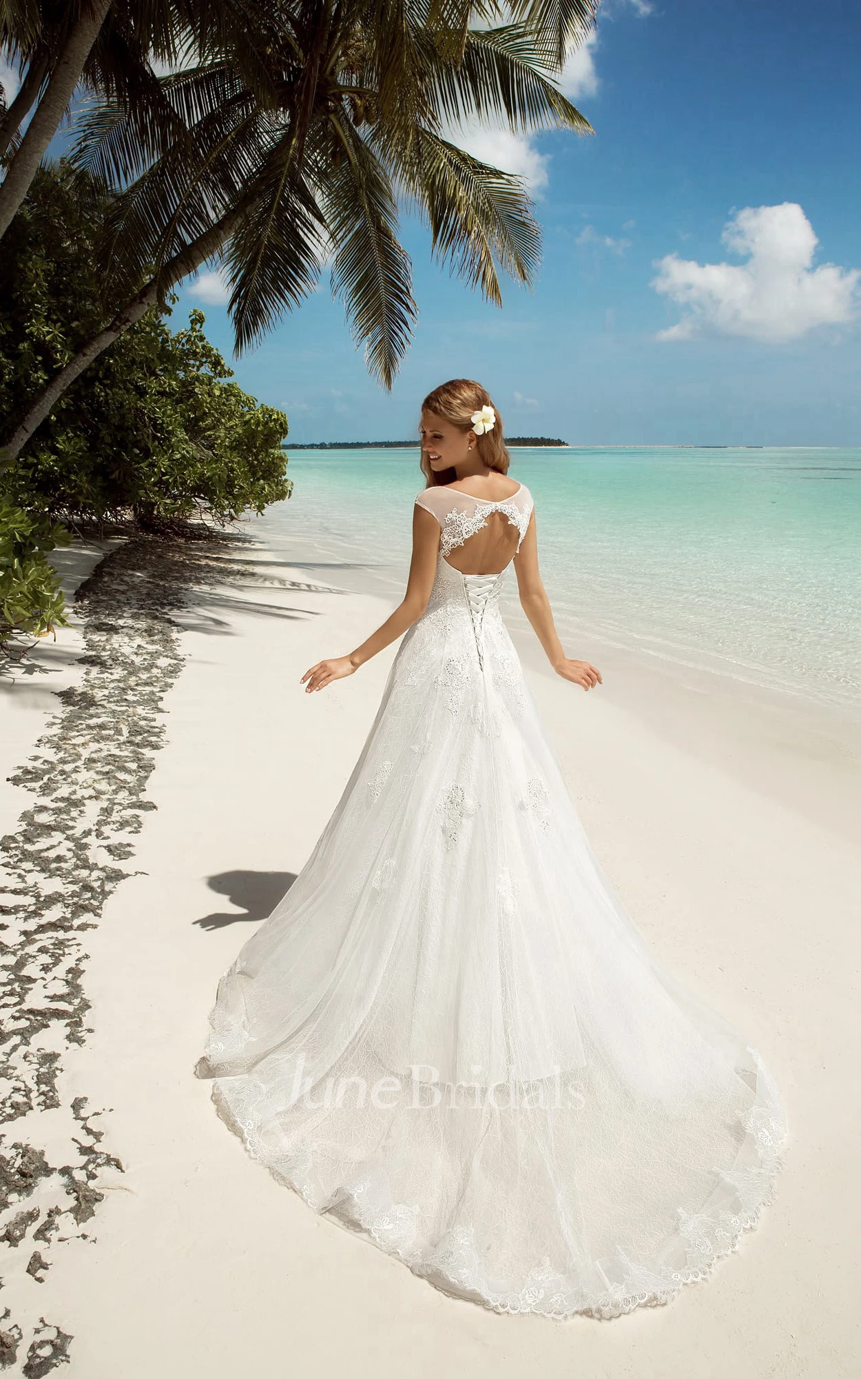 A-Line Floor-Length Bateau-Neck Short-Sleeve Corset-Back Lace Dress With Keyhole