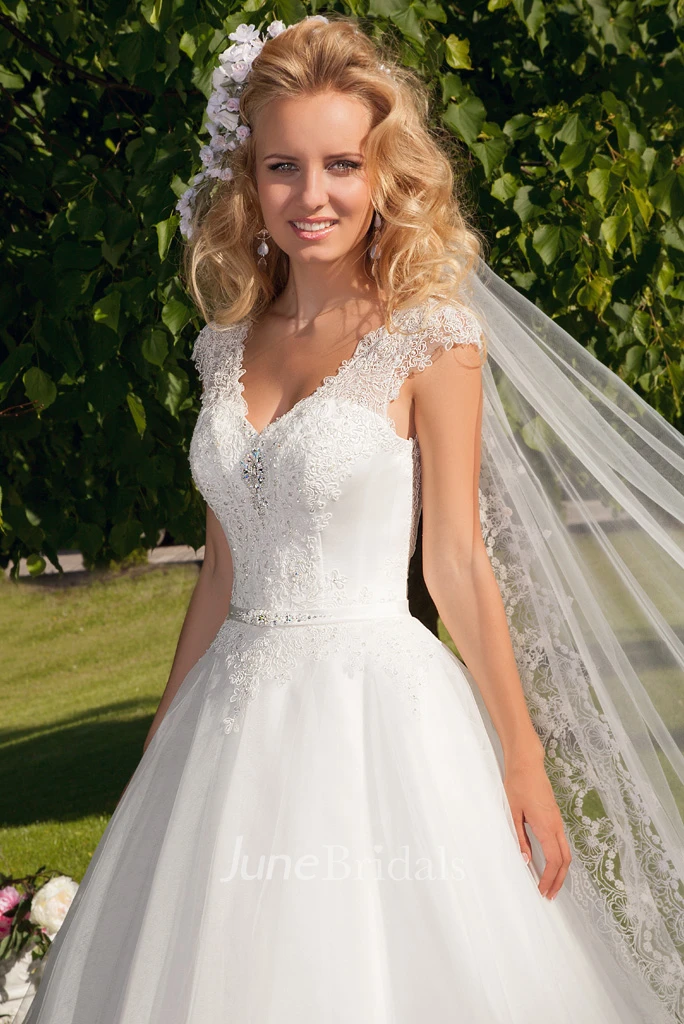 V-Neck Appliqued Tulle Maxi Wedding Dress with Beading Unique Bridal Gown