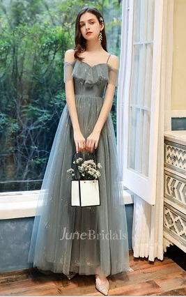 Bohemian Tulle Off-the-shoulder A Line Prom Formal Dress With Ruffles