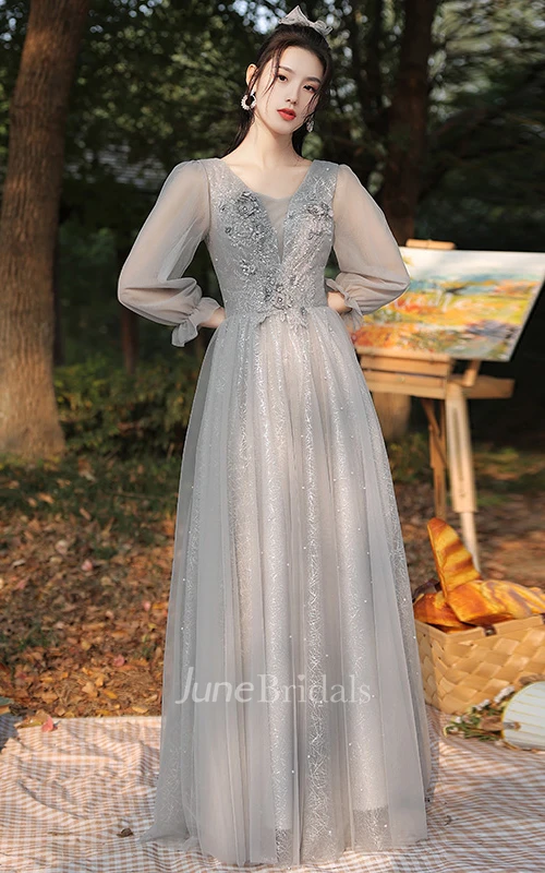 Vintage Tulle High Neck Square V-neck A Line Evening Formal Dress With Appliques and Ruffles