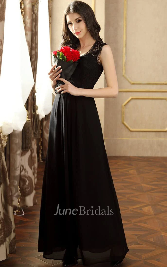 A Line Scalloped Chiffon Lace Sleeveless Evening Dress With Ruffles