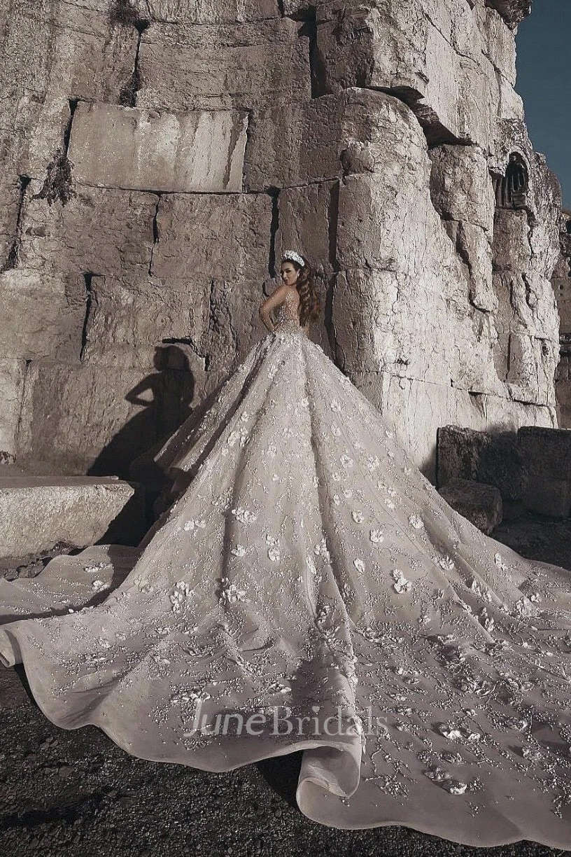 3D Floral Luxury Illusion Long Sleeve Bridal Ballgown With Beading And Appliques