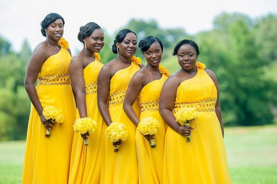 Modern One-shoulder Chiffon Bridesmaid Dress With Flower Crystals