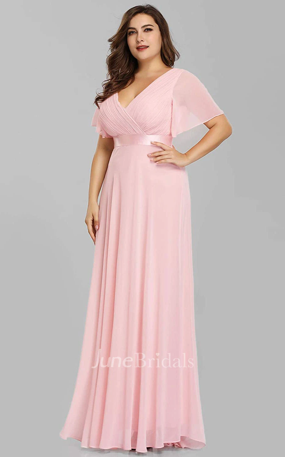 A Line V-neck Chiffon Half Sleeve Prom Dress With Criss Cross and Ruching