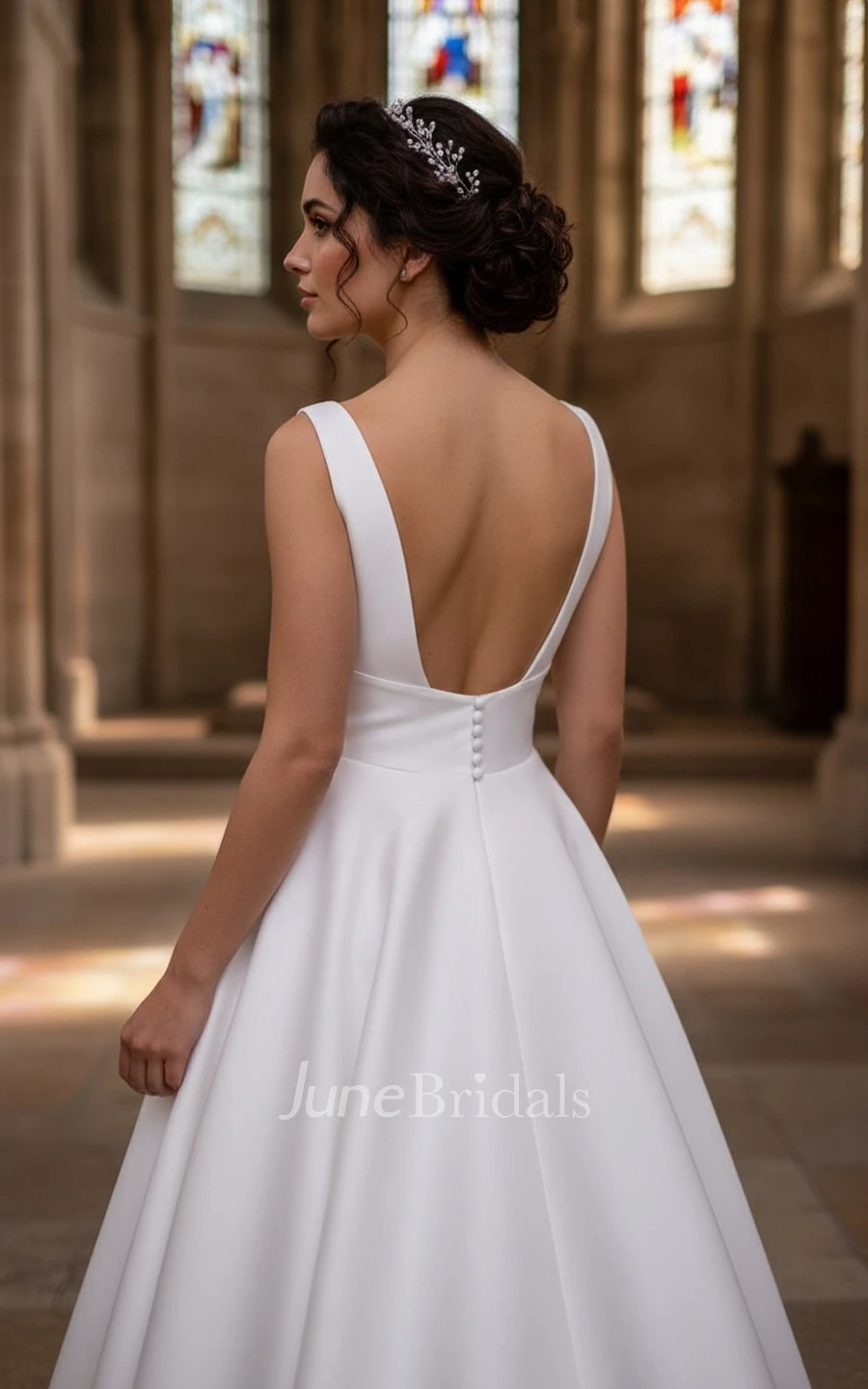 Minimalist A-Line Sleeveless Wedding Dress Deep V-Neck Satin Informal Bridal Gown