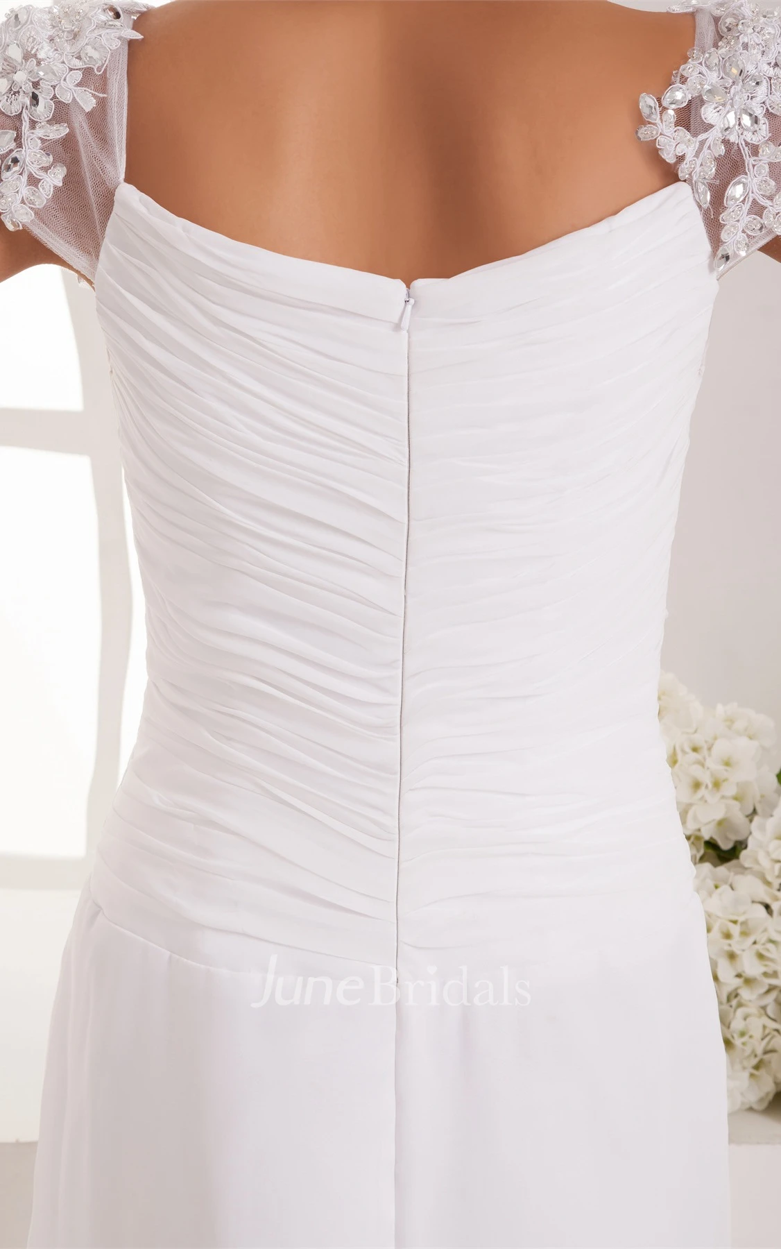 Caped-Sleeve Chiffon Maxi Dress with Ruching and Pleats