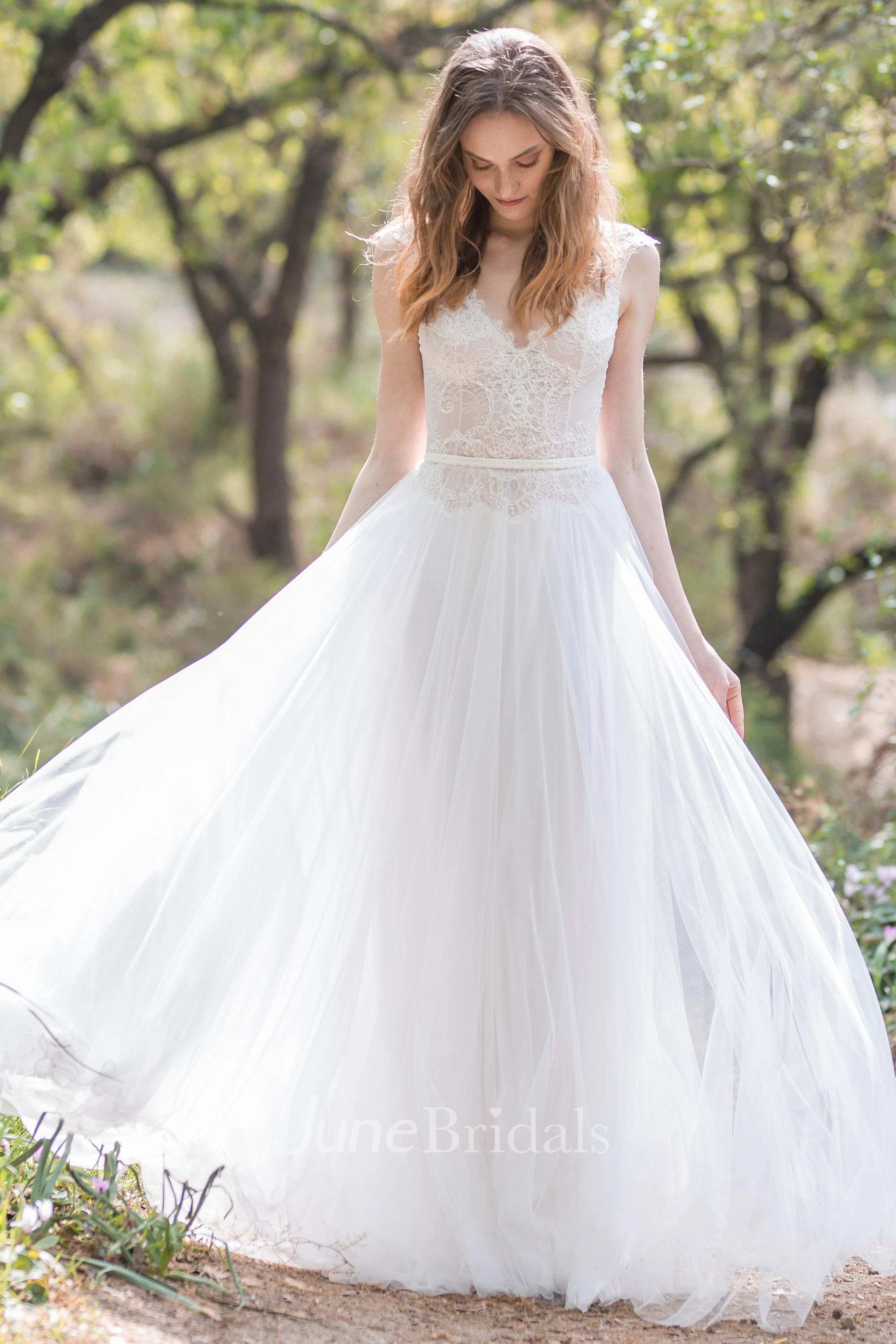 Plunged Cap-Sleeve Chiffon Sheath Wedding Dress With Lace
