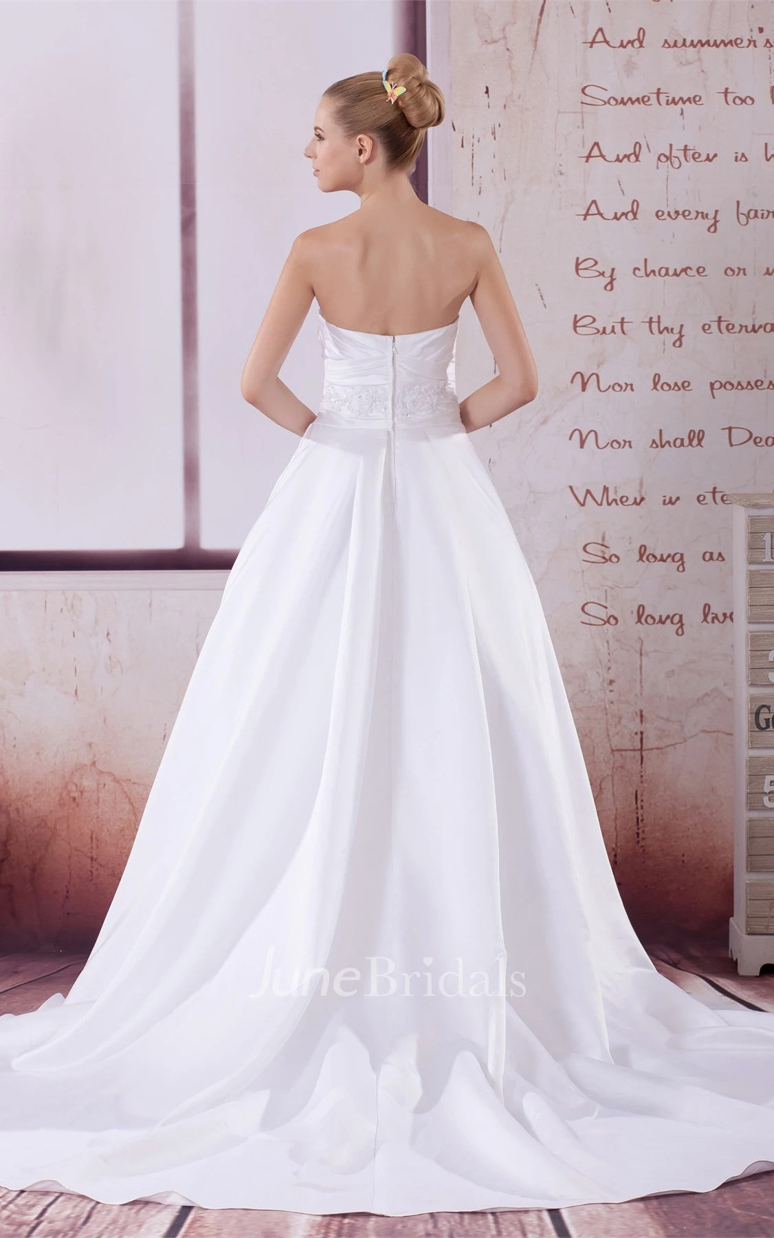 Strapless Ruched A-Line Ball Gown with Pleats and Jeweled Waist