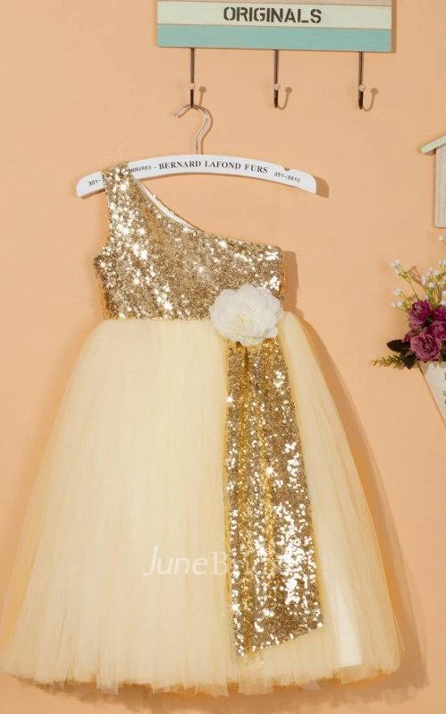 One Shoulder Pleated Tulle Dress With Sequins&Flower