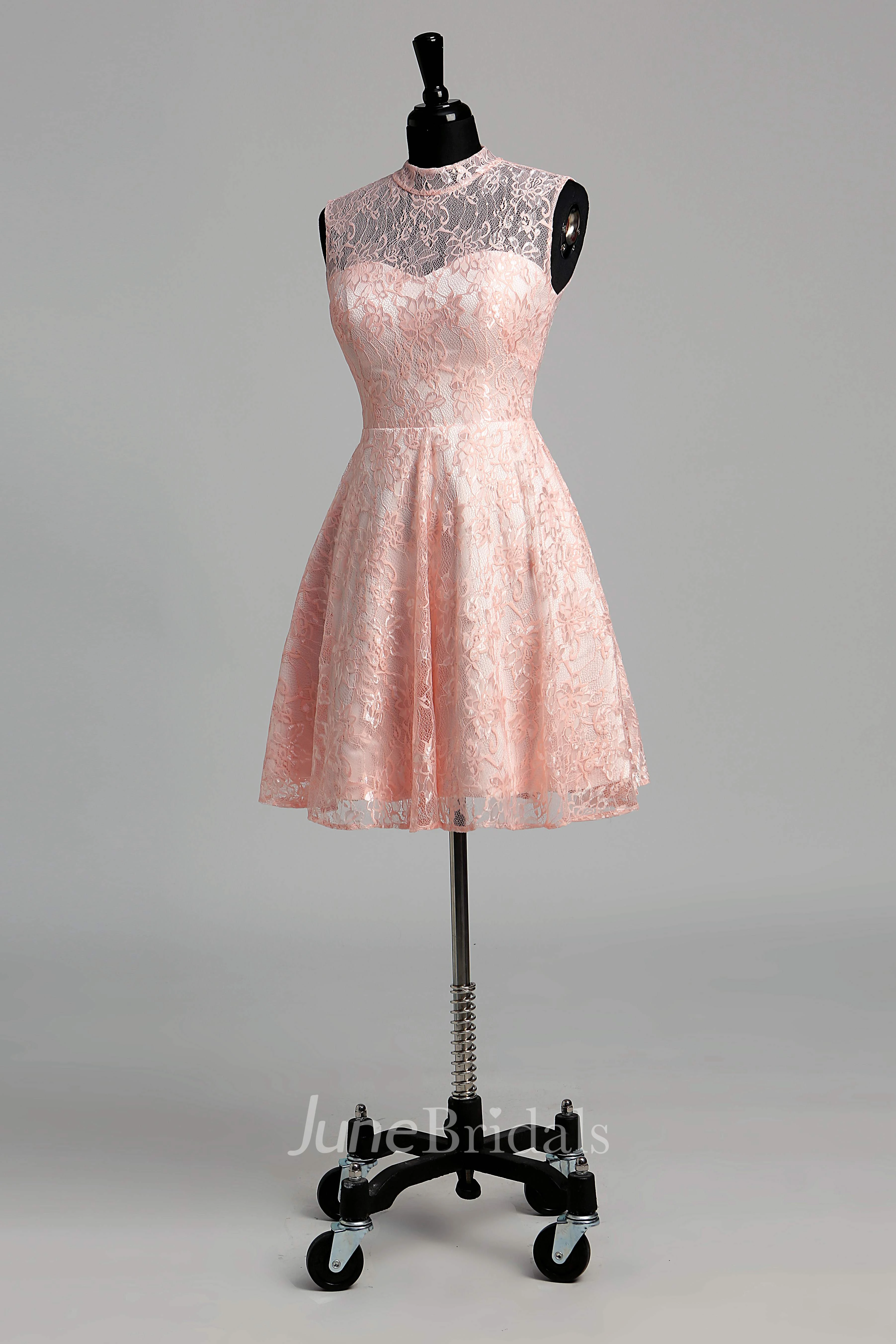 Short/Mini A-line High Neck Sleeveless Lace Dress with Illusion and Keyhole Back