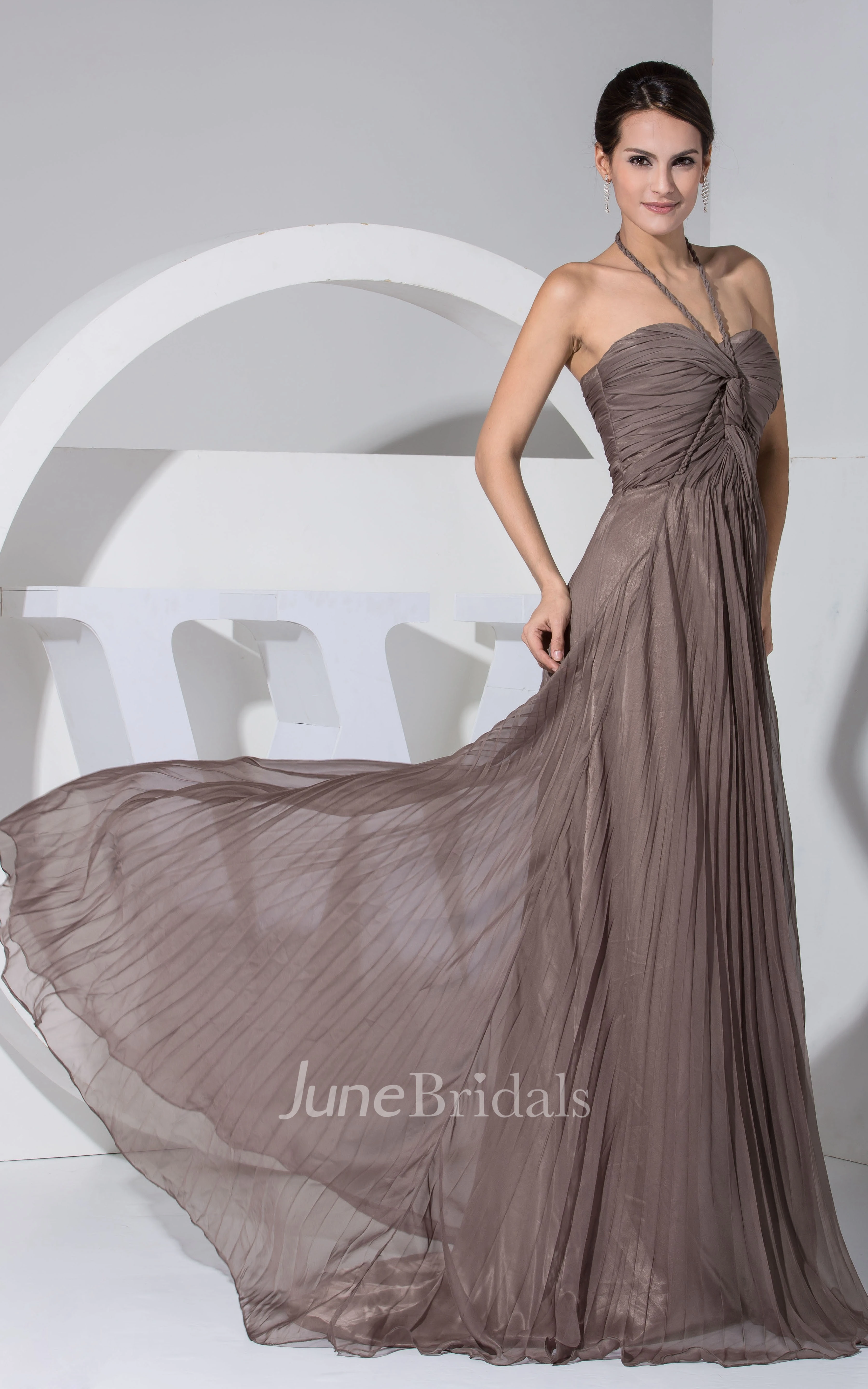 Strapless Chiffon Criss-Cross Ruched Dress With Brush Train