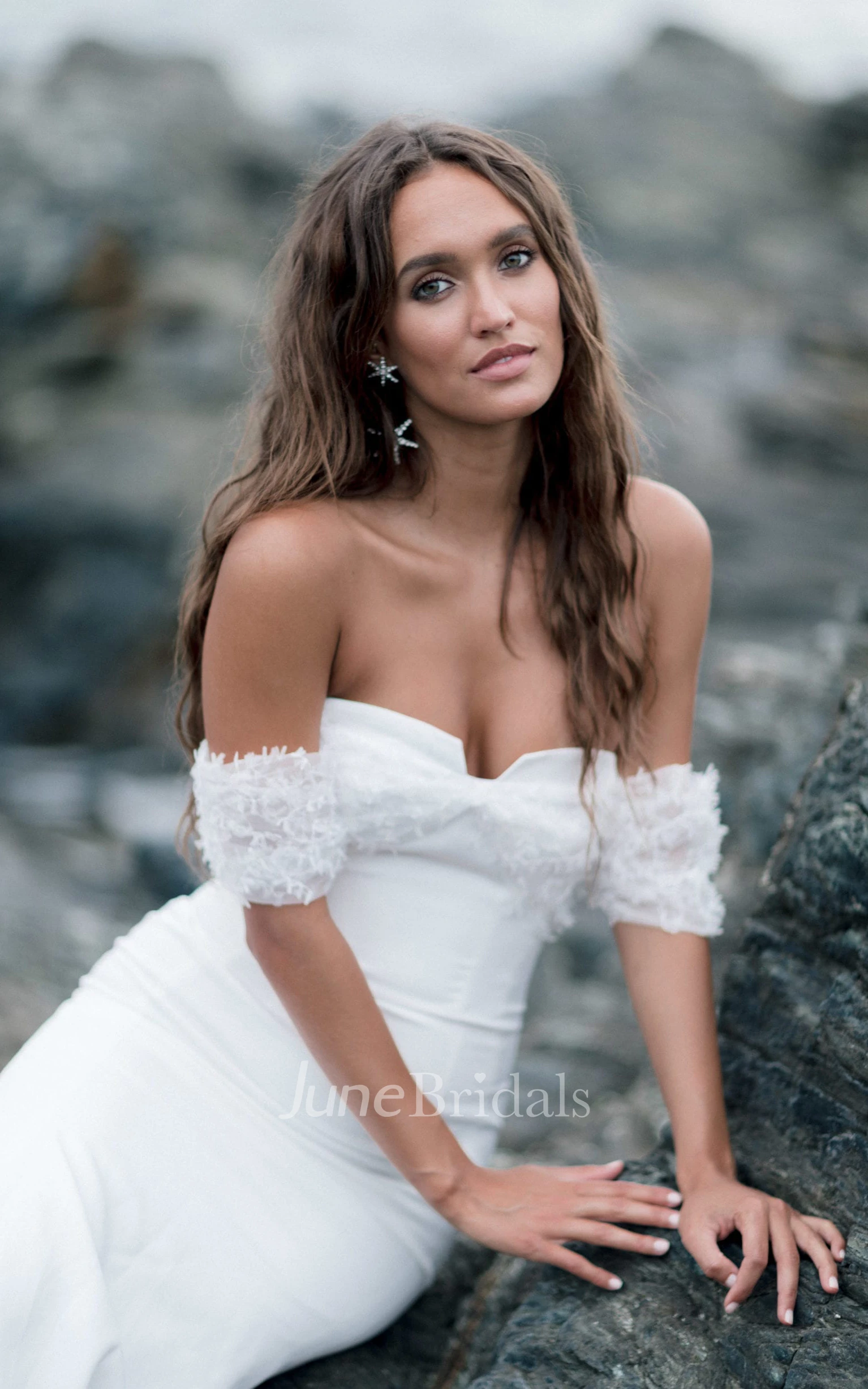 Simple Sheath Floor-length Court Train Satin Off-the-shoulder Sleeveless Wedding Dress