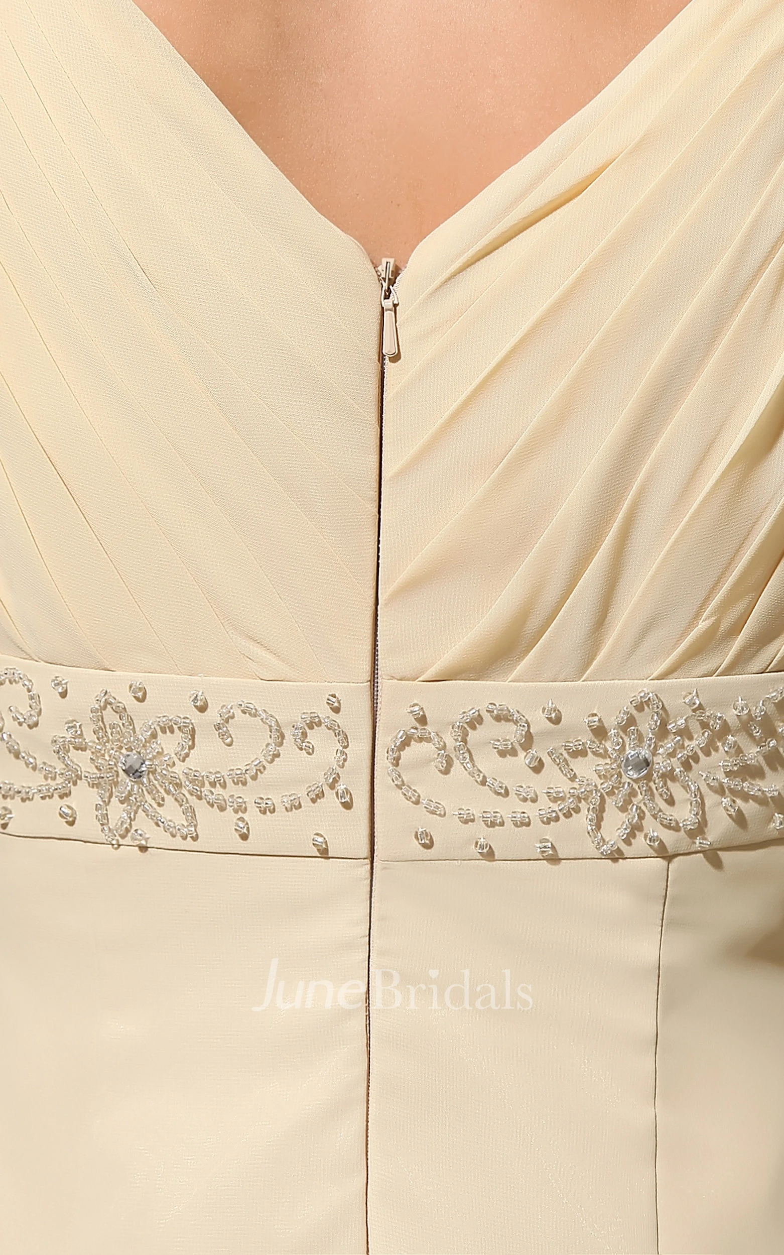 V-Neck Strapless Empire Chiffon Dress With Beading