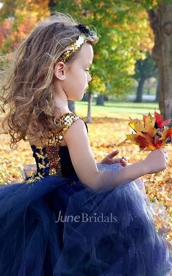 Flower Girl Navy And Gold Nautical One Shoulder Tulle Flower Girl Dress