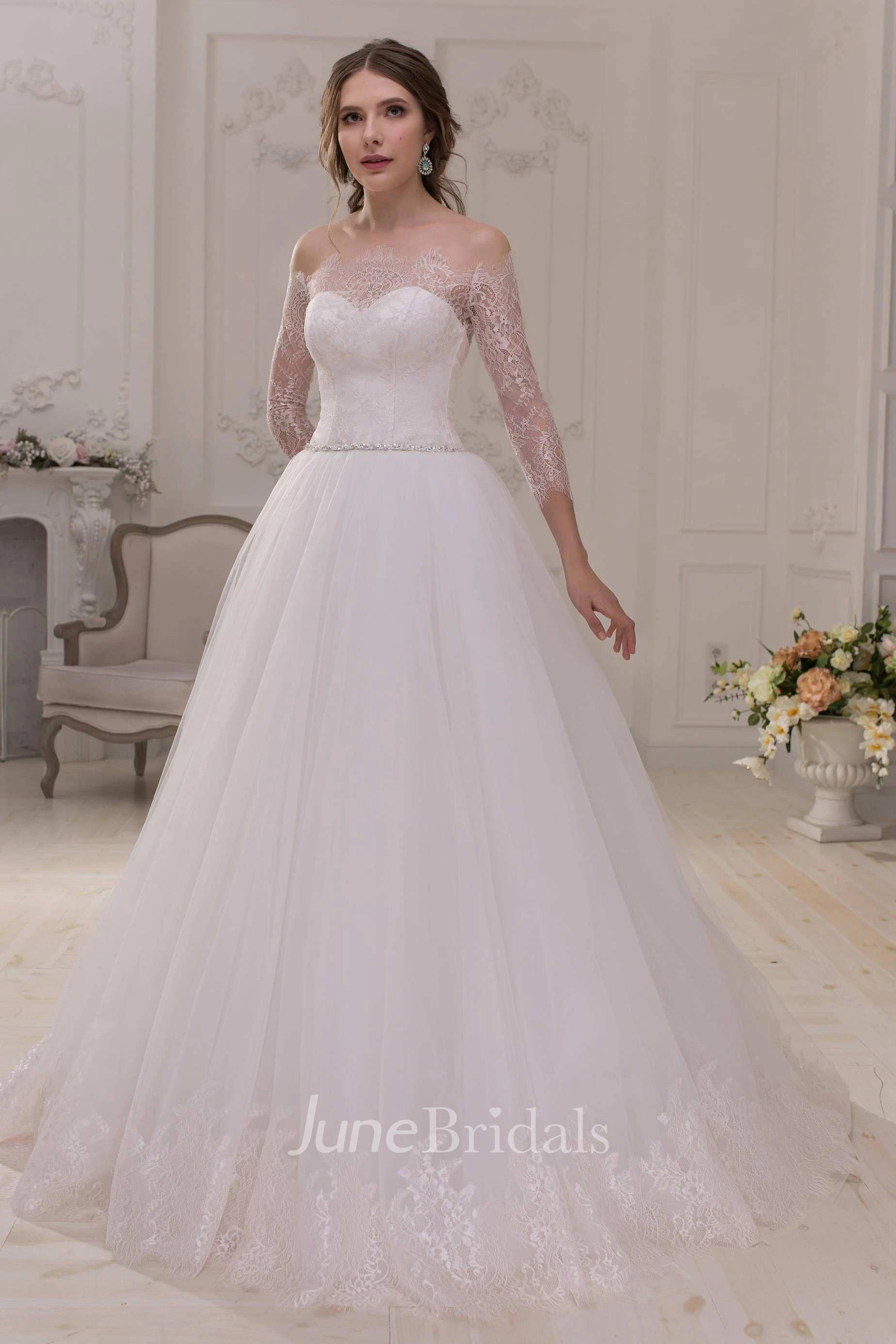 Off-The-Shoulder Lace Illusion Long Sleeve A-Line Tulle Wedding Dress With Beaded Waist