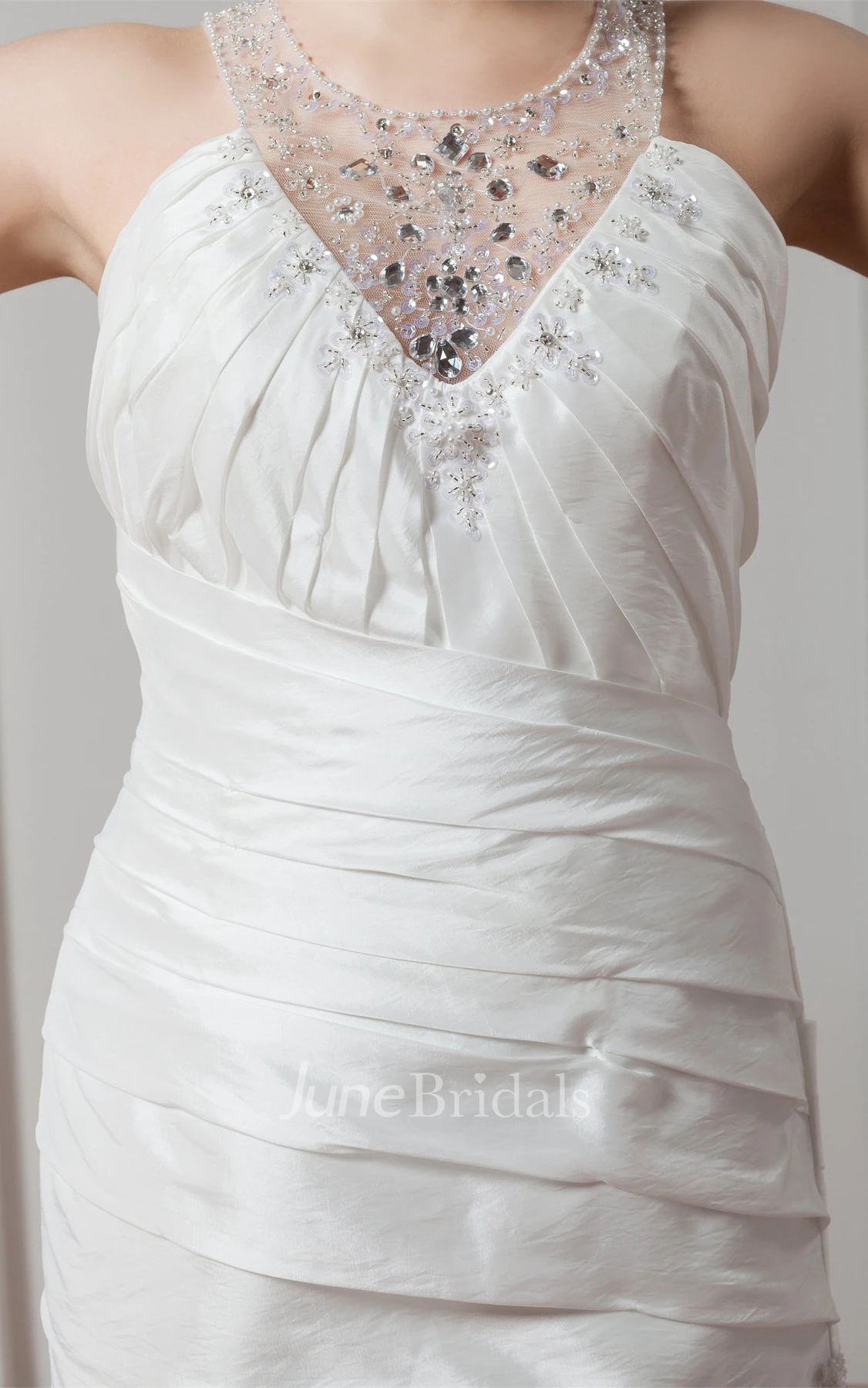 Sleeveless Column Ruched Gown with Appliques and Jeweled Neckline