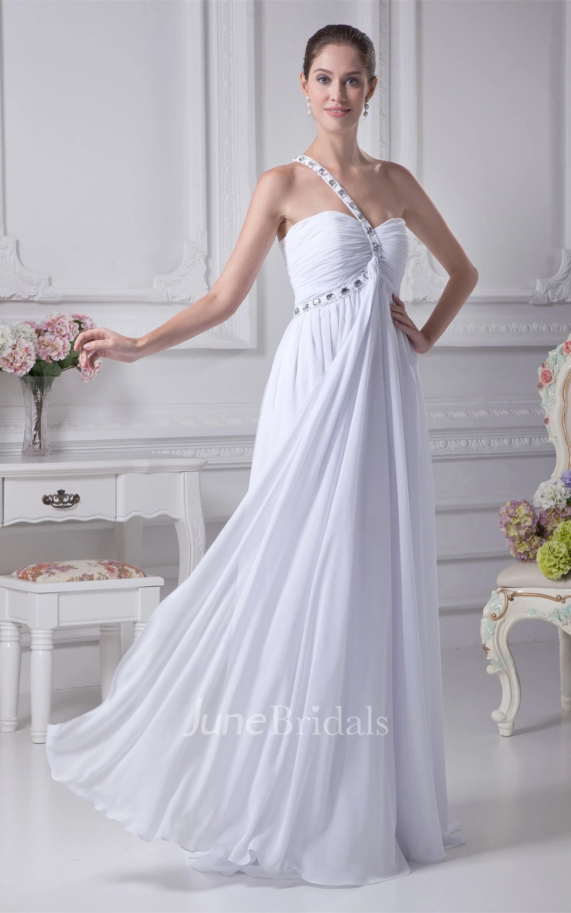 Strap One-Shoulder Sweetheart Ruched Dress with Beadings and Zipper Back