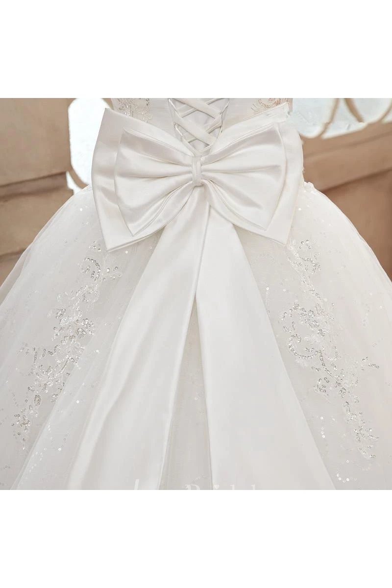 Glamorous Strapless Lace Beadings Wedding Dress Long Train Lace-Yp