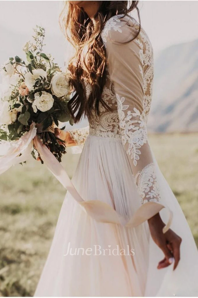 Elegant Floral Long Sleeve Boho A-Line Lace Warm Wedding Dress Rustic Western Casual Jewel Neck Chiffon Gown with Floor Length