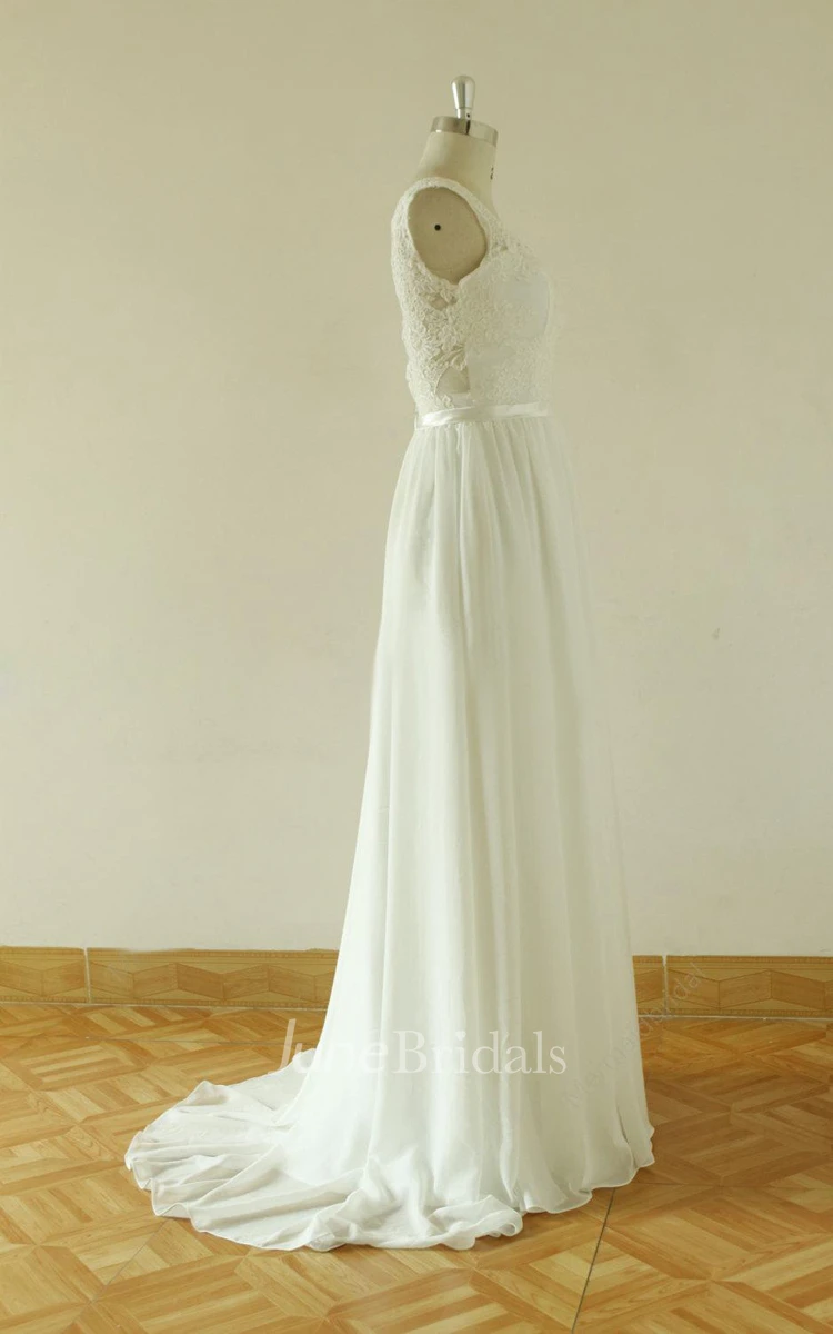 V-Neck Sleeveless Long Chiffon Wedding Dress With Sash And Deep-V Back