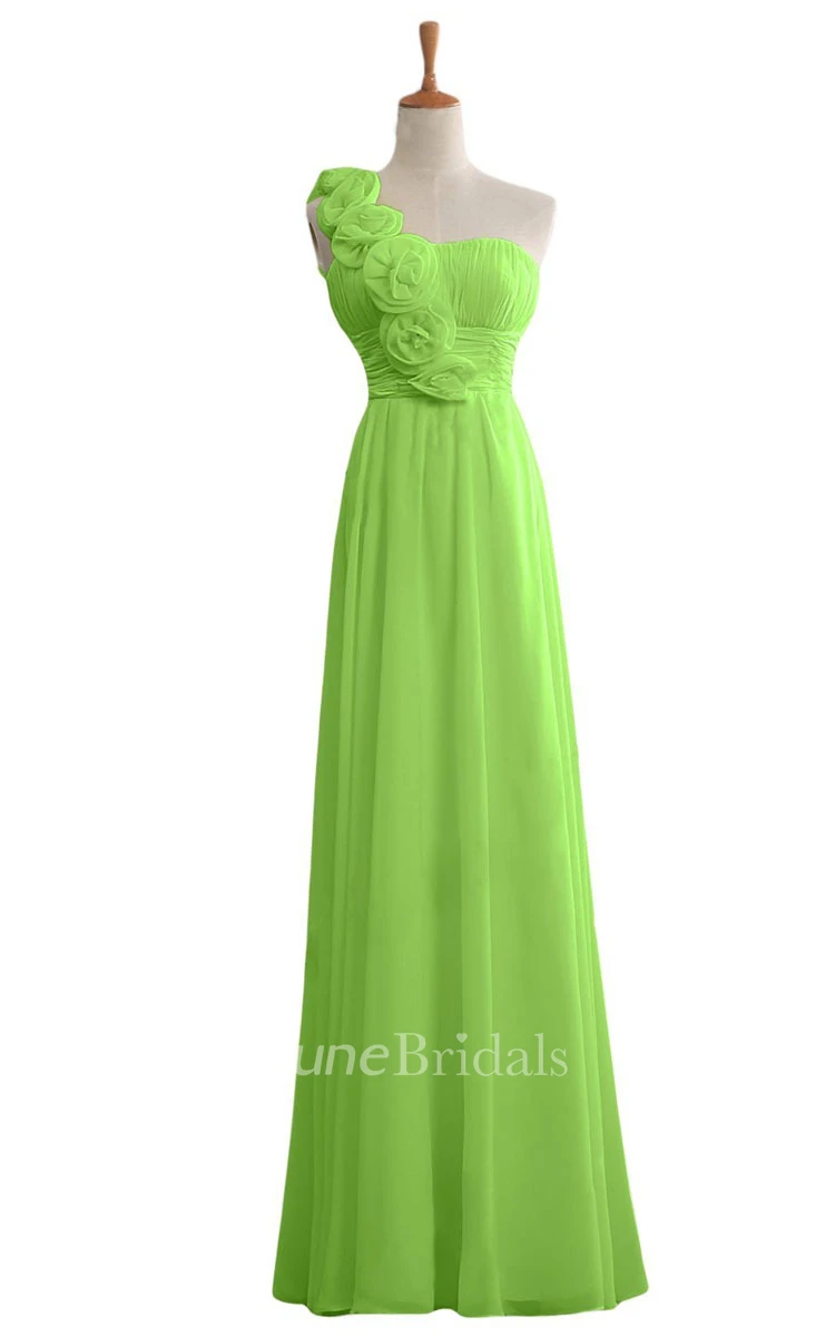 Floral One-shoulder Chiffon A-line Gown With Ruched Band
