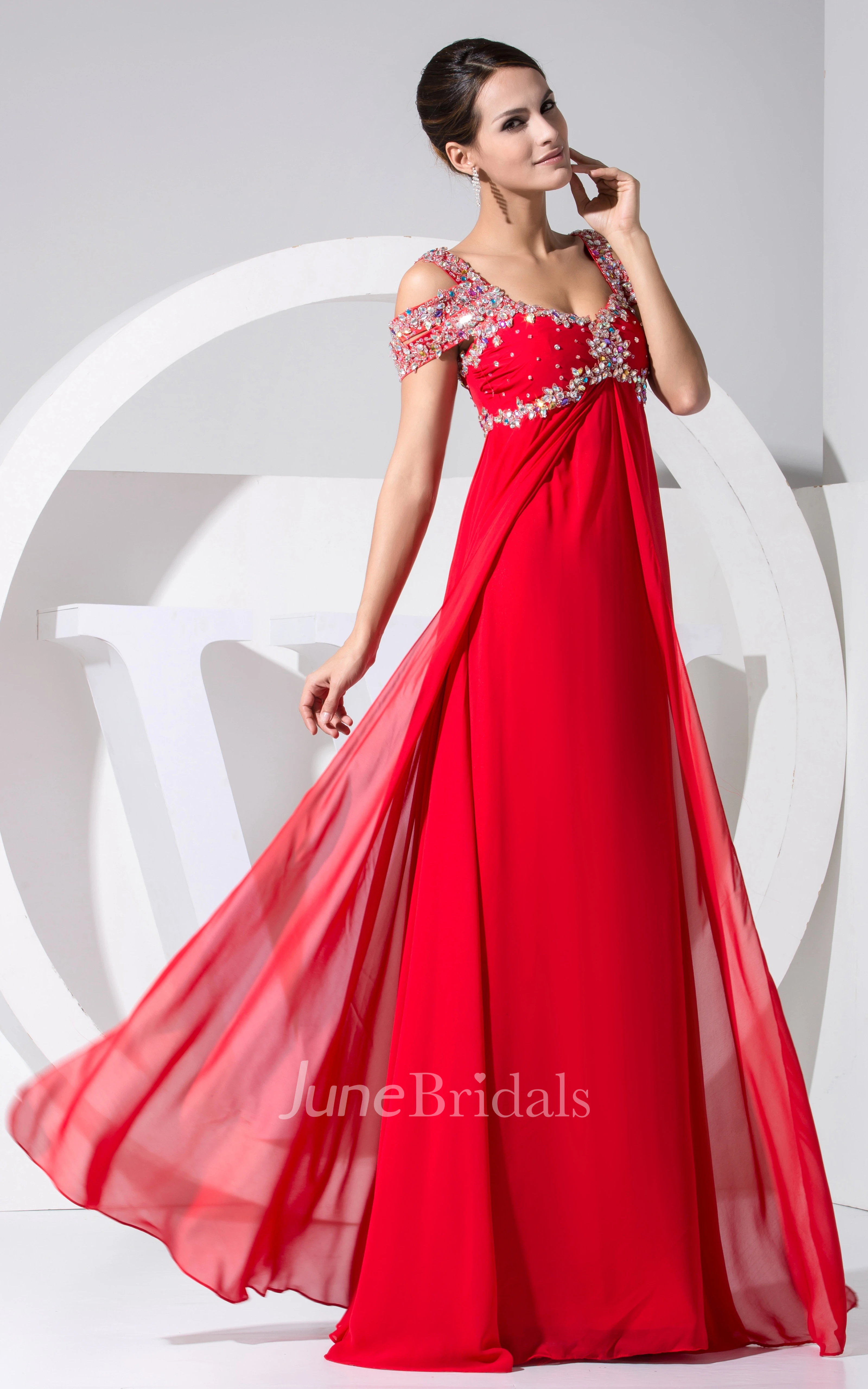 Sleeveless Empire Chiffon Long Dress With Colorful Beading