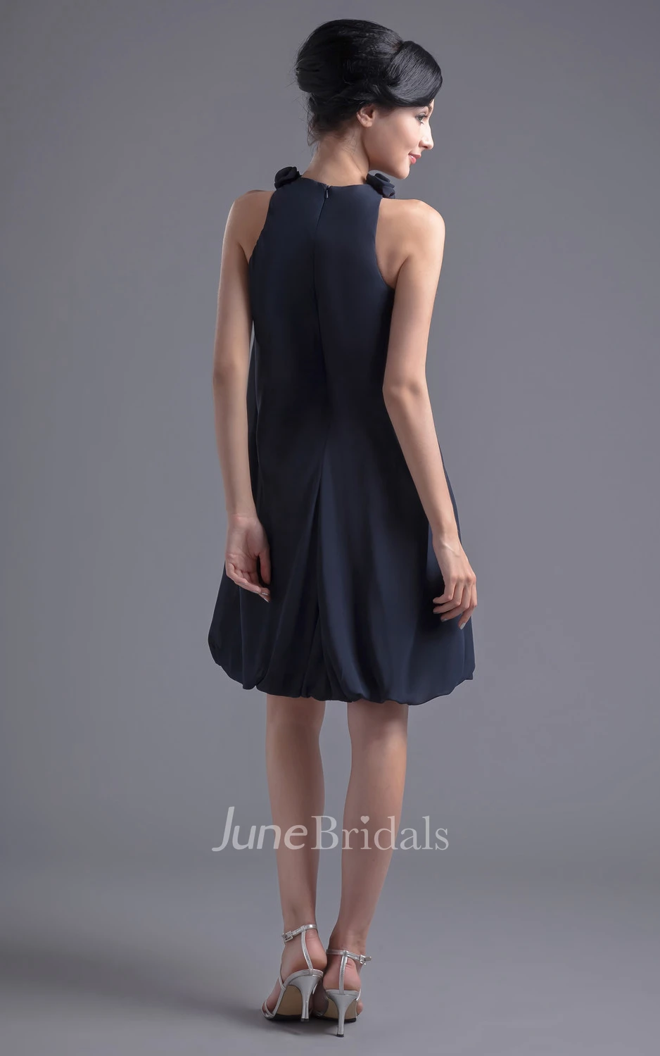 Gossamery Short Chiffon Pleated Dress With Floral Neckline