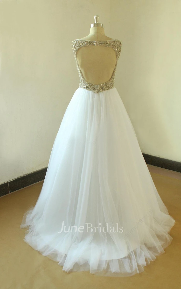 A-Line V-Neck Tulle Weddig Dress With Beading Keyhole Back