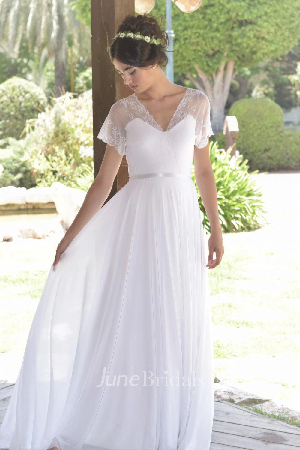 Short Sleeve Lace Chiffon Pleated Wedding Dress With Deep-V Back
