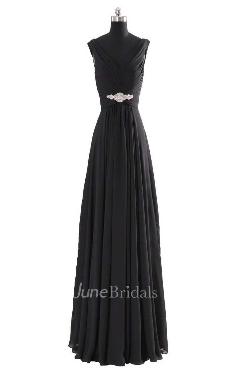 Sleeveless V-neck Long Empire Beaded Chiffon Dress